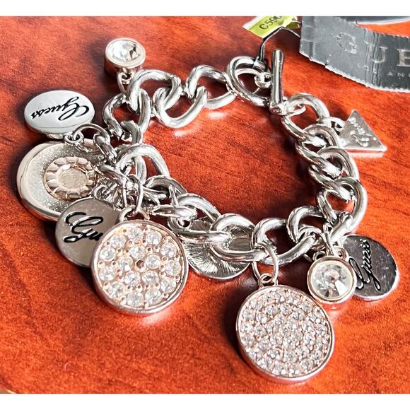 Guess Y2K Charm Link Bracelet Silver Rose Gold Crystal Logo Dangle Modern Glam - Picture 2 of 12